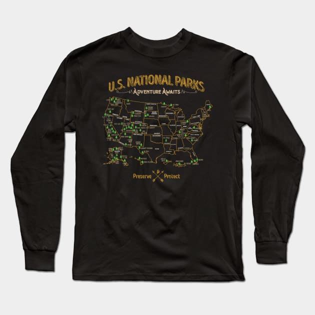 'National Park Map Vintage' Camping Natinonal Park Map Long Sleeve T-Shirt by ourwackyhome